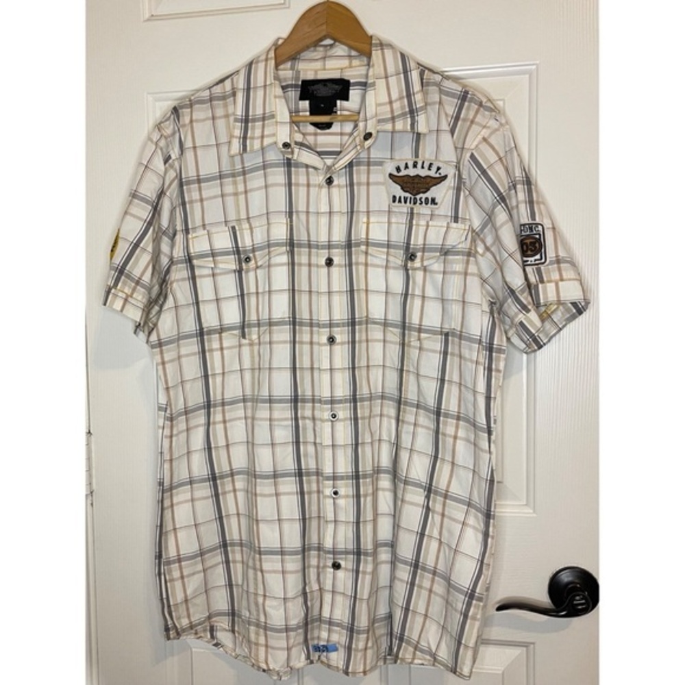 Y2K Harley Davidson Creme Tan Plaid Patched Button Up Shirt Sz L Biker Grunge